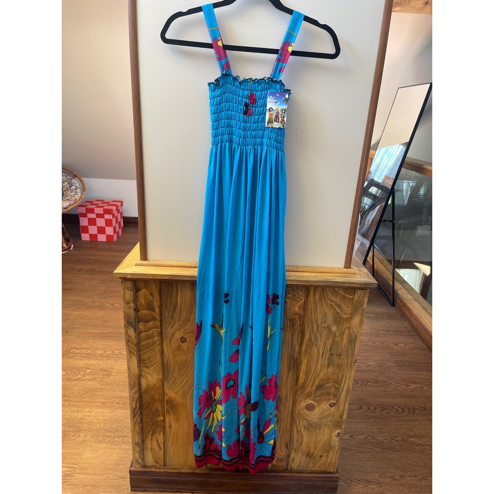 Iara Maxi Dress Womens Large Blue Floral Smocked NWT Tropical Boho 1219
